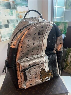 MCM Silver & Black Leather Studded Backpack with Lion Patch